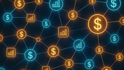 A digital network of connected dollar signs and growth charts, representing financial connections and economic growth. - Powered by Adobe