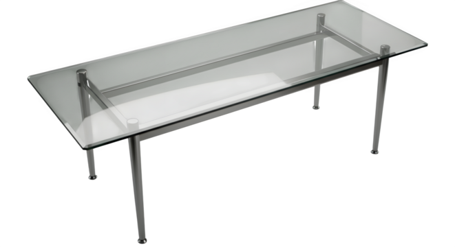 Clear glass table stands, featuring smooth chrome legs. Presents clean, modern design for product staging, architecture mockups, website elements.