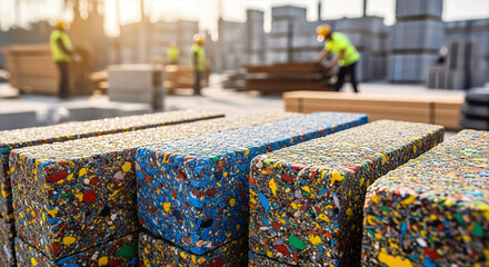 Recycled plastic bricks stacked on construction site with workers in hard hats. Brightly colored recycled plastic bricks create a unique texture, enhancing sustainable building practices.