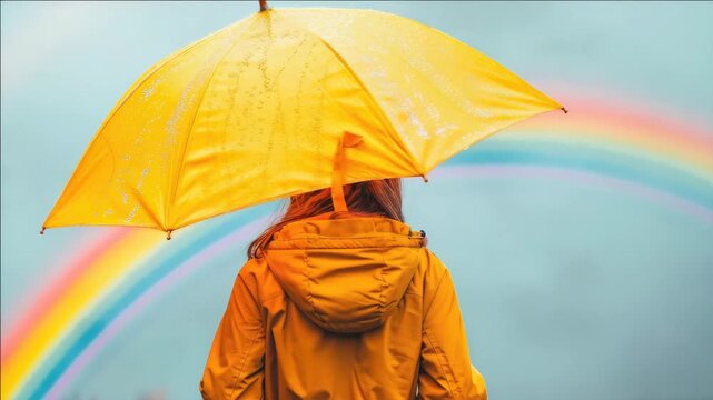 Woman under yellow umbrella, rainbow shining behind her. Mood of hope and optimism in midst of stormy weather.