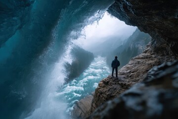 Obraz premium Majestic ocean wave crashing against rocky cliff in foggy landscape