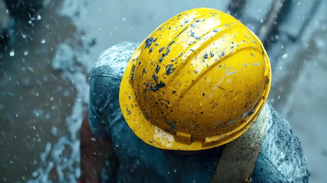 A man wearing a hard hat and safety goggles, working on a construction site in the midst of a downpour. He's using steel toe boots and is dressed appropriately for harsh weather conditions.