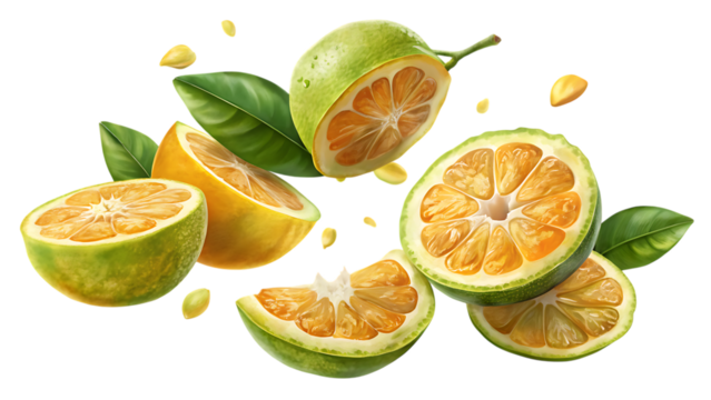 Halved and whole green and yellow citrus fruits with visible segments and leaves, isolated on transparent background