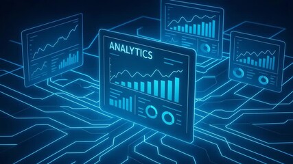 A futuristic representation of analytics data visualization with glowing graphs and charts on digital screens. - Powered by Adobe