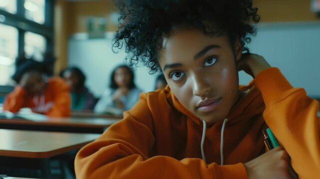 Student in classroom during school hours, concentrating on an assignment or lecture.