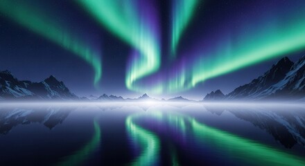 Vibrant Green and Purple Aurora Borealis Mirrored on a Mystical Frozen Landscape.