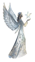 Crystal angel holding a star with angelic wings on a transparent background copy space