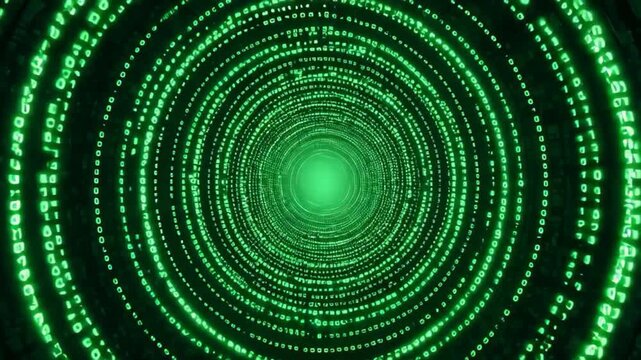Green digital code tunnel with glowing binary numbers, futuristic data stream matrix background