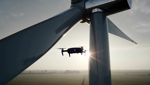 A Drone Flying Near a Wind Turbine at Sunset