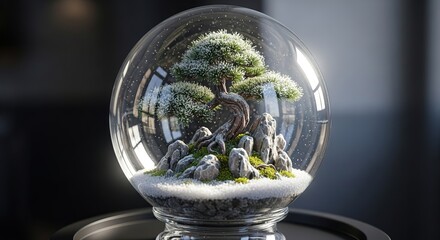 Luminous Glass Sphere Encasing a Miniature Zen Garden with a Bonsai Tree.