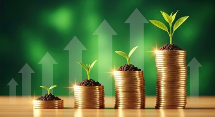 Golden Stacks of Coins Growing Plants and Upward Trends: Financial Growth Concept.