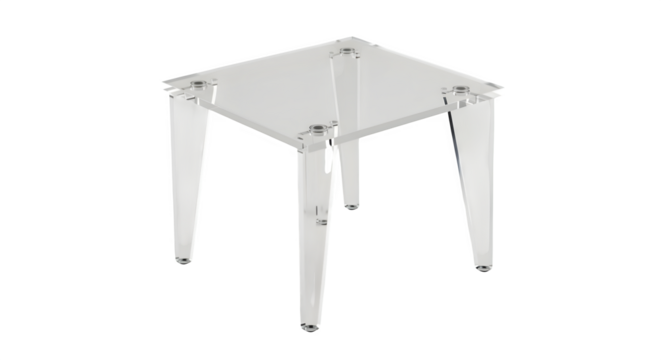 Clear acrylic side table stands. The surface is glossy. Use as product staging, furniture catalogs, or interior design inspiration.