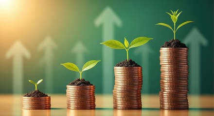 Growing Prosperity: Stacks of Coins with Sprouting Plants Illustrate Financial Growth.