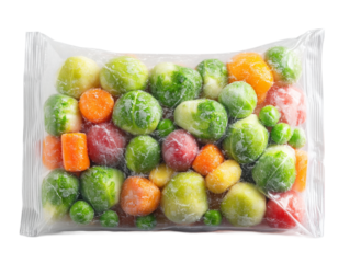 Frozen mixed vegetables in a clear bag ready for cooking and meal preparation at home