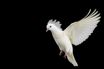 Generative AI pure white dove flying against black background.