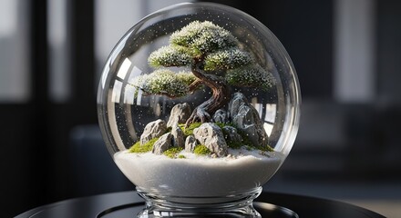 Miniature Bonsai Tree Ecosystem Encased in Glass Sphere Serene Zen Garden.