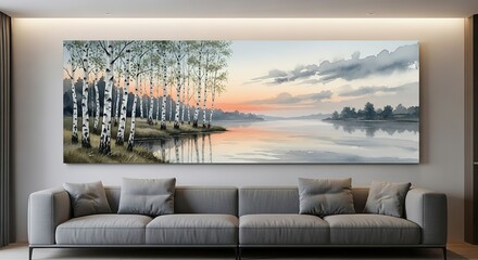 Birch Grove at Dawn: A Serene Panoramic Landscape Painting as a Modern Living Room Centerpiece.