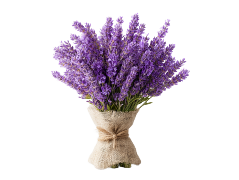 Lavender bouquet wrapped in burlap showcasing a vibrant display of purple flowers indoors