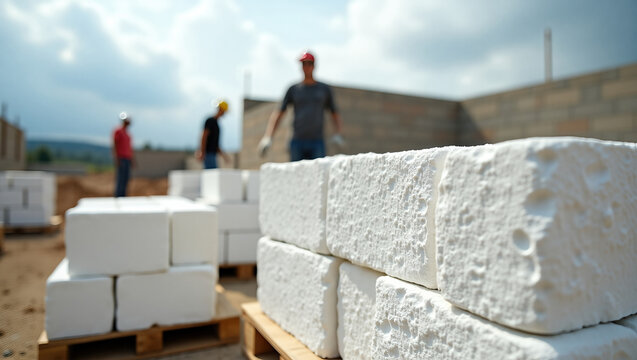 Construction site with stacked silicate bricks on pallets under cloudy sky. Workers handling materials show collaboration in building process with focus on silicate bricks.