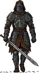 Fototapeta premium Medieval knight in full armor with sword walking illustration in dark tones for fantasy theme vector