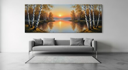 Serene Birch Forest at Sunrise Panoramic Landscape Painting.