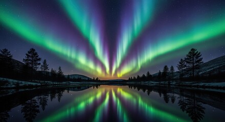 Majestic Aurora Borealis Displaying Vibrant Green Purple and Yellow Hues Reflected in Calm Lake.