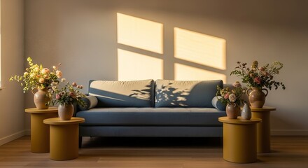 Golden Hour Glow in Minimalist Living Room: Blue Sofa Floral Vases and Geometric Window Shadows.