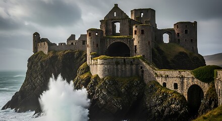 Dramatic Dunluce Castle Ruins on Cliffside with Crashing Waves.