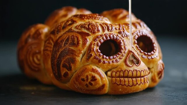 A decorated bread shaped like a skull. The skull has a heart on its chest. The bread is brown and has a pattern on it