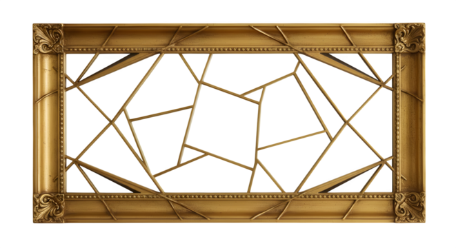 Gold geometric frame with linear design creates a visual effect. For architectural backgrounds, product staging, or web design.