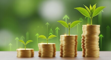 Golden Stacks of Coins Growing with Green Plants Symbolizing Financial Growth.