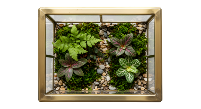Botanical terrarium shows moss, pebbles, ferns and nerve plants. Suitable for product photography, branding mockups, social media design.