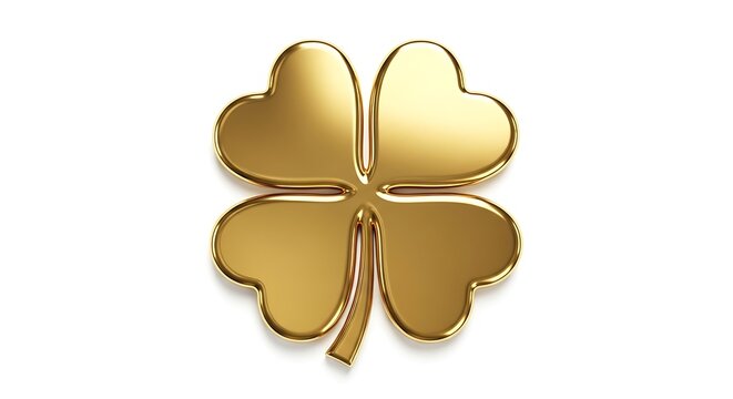 A shiny golden four leaf clover with heart shaped leaves on a plain white background, centered view