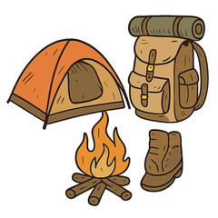Fototapeta premium Illustrated camping equipment featuring a tent, backpack, and campfire for outdoor adventures