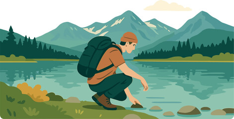 In Tyrol, Austria, a hiker pauses to crouch beside the lake