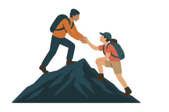 illustration of a hiker helping a friend reach the mountain summit