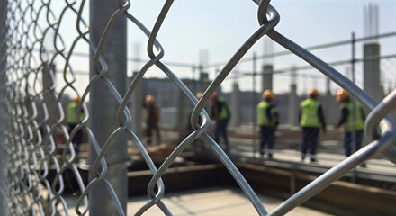 Construction site worker silhouette behind metallic chain link fence during daylight. Workers in safety vests engage in building activities behind the fence,