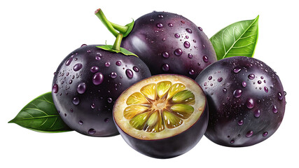 A cluster of dark purple fruits, possibly jaboticaba, with water droplets and leaves, isolated on transparent background