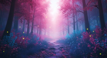 Enchanted Forest Path Illuminated by Ethereal Pink and Blue Light with Glowing Fireflies.