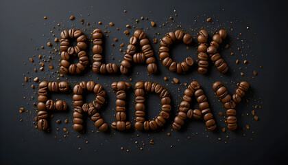 Coffee Bean Black Friday Typography – Rustic Text on Dark Surface with Crumbs and Texture