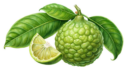 A whole kaffir lime with multiple leaves and a lime wedge cut open, isolated on transparent background