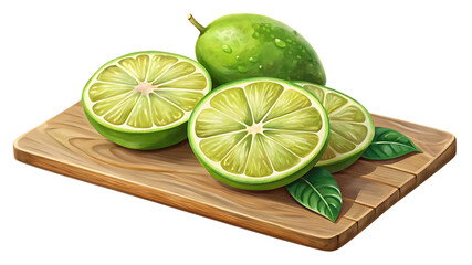A whole lime and several lime slices on a wooden cutting board with leaves, isolated on transparent background