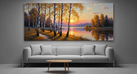 Serene Birch Forest Landscape Painting Reflecting Golden Sunset on Calm Lake.
