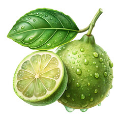 A whole lime with water droplets and a slice, highlighting its textured rind and refreshing appearance, isolated on a transparent background