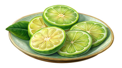 A plate of fresh lime slices, showcasing their vibrant green color and juicy texture, perfect for culinary and beverage applications isolated on transparent background