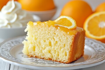 A delicious slice of orange crush poke cake garnished with a slice of fresh orange, accompanied by a dollop of whipped cream and whole oranges