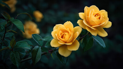 Two vibrant yellow roses bloom beautifully on a lush branch with dark green leaves, creating a captivating and elegant floral image against a blurred background.