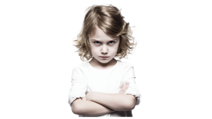 Portrait of a defiant young girl with an angry expression isolated on transparent background.