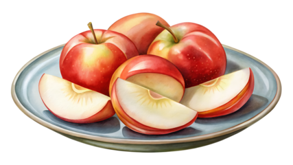A collection of whole and sliced red apples presented on a light blue plate, isolated on a transparent background, offering a visually appealing representation of this popular fruit