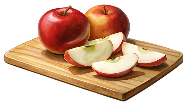 Two whole red apples and four sliced apple wedges arranged on a wooden cutting board, isolated on a transparent background, perfect for culinary or healthrelated themes